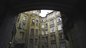 St Petersburg Architecture Prints: Bottom view of rounded house on background of sky