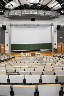 Empty Lecture Theatre Prints: View from the rows of seats into an empty lecture theatre