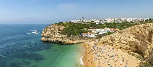 Turquoise Sea View Prints: View of sandy beach with bathers