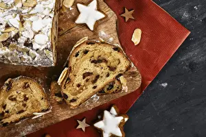 Fruit Bread With Nuts Prints: Top view of slice of German Stollen cake