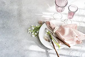 Fresh Spring Flowers Prints: Top view of a stylish table setting featuring fresh snowdrops