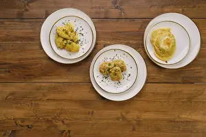 Deserted Dinner Table Prints: Top view of table with three dishes for rustic dinner