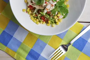 Colorful Salad Bowl Prints: Top view of part of table with salad with corn