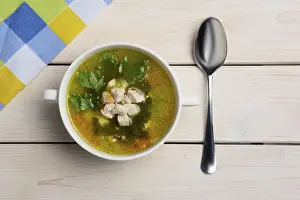 Seafood Dish Prints: Top view of table with served fish soup