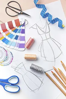 Female Worker Sewing Prints: Top view tailoring set with fabric samples