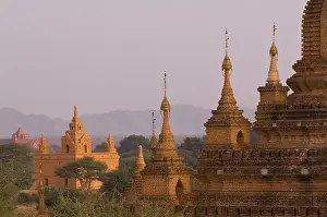 Myanmar Temple Architecture Prints: View over the temples and pagodas at sunset