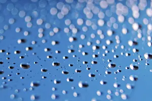 Blue Background Prints: Side view of tiny water droplets on a clear blue background