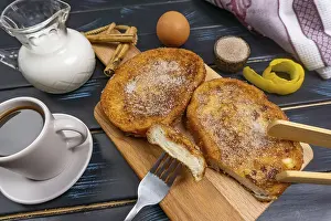 Homemade Pastry Photography Prints: Top view of some torrijas with coffee