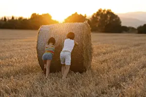 Sunset Farm Scene Prints: Back view of two unrecognizable children