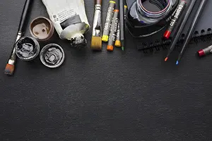 High Quality Photo Prints: Top view various brushes crayons copy space