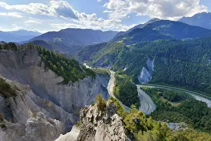 View From Above Switzerland Prints: View from the viewing platform Il to the limestone cliffs at a river loop of the Vorderrhein