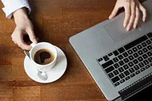 Laptop On Desk Prints: Top view working time with laptop