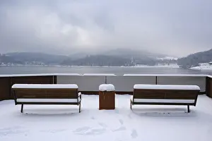 Sauerland Nature Reserve Prints: Viewing platform with snow at the Hennesee