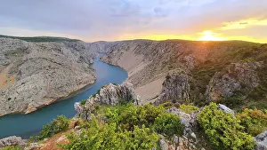 Prints of Viewpoint, Parizevacka Glavica, filming location of Karl May movies, river Zrmanja at sunset, Jasenice, Zadar County, Croatia Viewpoint, Parievacka Glavica, filming location of Karl May movies River Prints: Viewpoint, Parievacka Glavica at Sunset Print