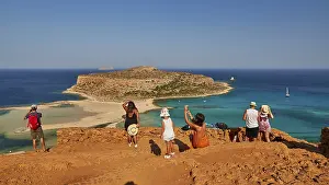 Cloudless Blue Sky Greece Prints: Viewpoint, tourists from behind