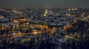 Prints of Vilnius old town panorama at night. Vilnius Aerial panorama of the Old Town. Night panorama of the Vilnius Old Town from Hill of Three Crosses, Lithuania. Vilnius winter aerial panorama of Old town Lithuania Prints: Vilnius Old Town Night Panorama Print, Lithuania