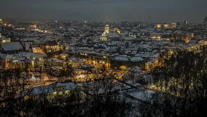 Prints of Vilnius old town panorama at night. Night panorama of the Vilnius Old Town from the Hill of Three Crosses, Lithuania. Vilnius winter aerial panorama of Old town Related Prints: Vilnius Old Town Night Panorama Print, Lithuania