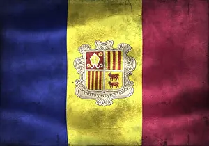 Prints of Vintage look Andorra flag - realistic waving fabric flag Andorra Prints: Vintage Andorra Flag Print - Realistic Waving Fabric Design