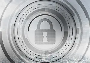 Data Protection Online Prints: Virtual locking mechanism on background of downtown