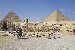 Ancient Egyptian Statues Prints: Visitors at the Sphinx and the Pyramids