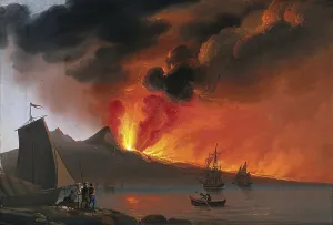 Historic Landscape Art Prints: A volcano erupting in the background
