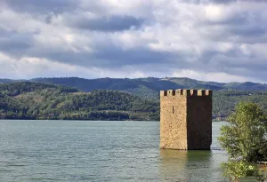 Prints of Wallachia, view of the Danube landscape, two towers, remains of the medieval fortress Trikule near Svinita, Iron Gate nature park Park, Romania Castle Prints: Wallachia Print - Danube Landscape with Trikule Fortress
