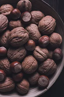 Autumnal Still Life Prints: Walnut and hazelnut, close-up, top view