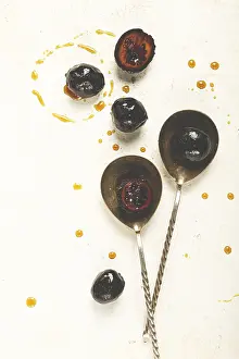 Deserted Breakfast Table Prints: Walnut jam, on the table, top view