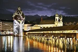 Chapel Bridge At Dusk Prints: Wassertum with light installation