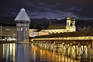 Chapel Bridge At Dusk Prints: Wassertum with light installation
