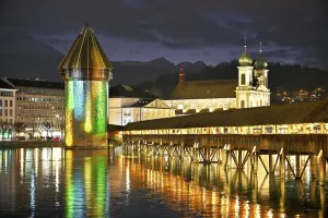 Old Town Lucerne Europe Prints: Wassertum with light installation
