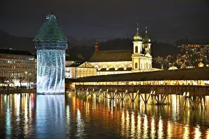 Chapel Bridge At Dusk Prints: Wassertum with light installation