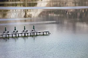Upper Austria Lake Views Prints: Water reflection with bathing jetty and deckchairs