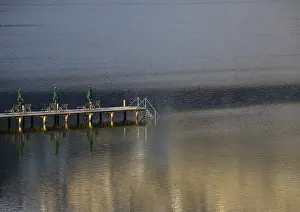 Styrian Landscape Prints: Water reflection with bathing jetty and deckchairs
