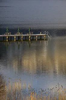 Salzkammergut Scenery Prints: Water reflection with bathing jetty and deckchairs