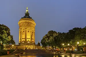 Prints of Water Tower, Blue Hour, Mannheim, Kurpfalz, Baden-Wurttemberg, Germany Water Tower, Blue Hour, Mannheim, Kurpfalz, Baden-Wrttemberg, Germany Mannheim Prints: Mannheim Water Tower Blue Hour Print, Germany