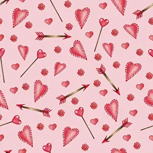 Symbolic Heart Shape Picture Prints: Watercolor seamless pattern of love elements