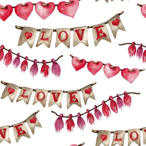 Romanticism Concept Image Prints: Watercolor seamless pattern of love elements