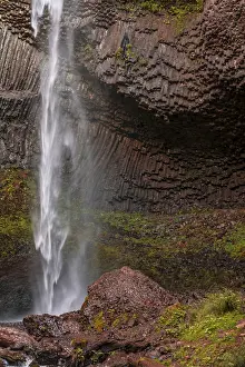 Deserted American Landscapes Prints: Waterfall in front of basalt rock