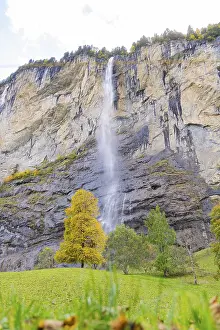 Uninhabited Swiss Countryside Prints: Waterfall cascading down steep cliffs