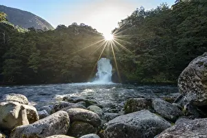Kepler Track Great Walk Prints: Waterfall in forest with sunbeams