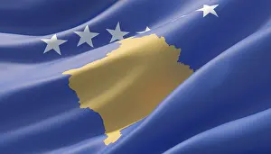 Prints of Waved highly detailed close-up flag of Kosovo. 3D illustration Kosovo Prints: Waved Kosovo Flag Print - 3D Close-up Illustration