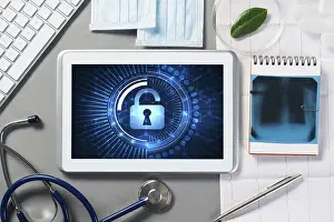 Healthcare System Symbolic Prints: Web security and technology concept with tablet pc on table