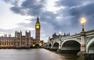 Prints of Westminster Bridge with Thames, Palace of Westminster, Houses of Parliament, Big Ben, Dusk, City of Westminster, London, England, UK Westminster Bridge Prints: Westminster Bridge Print at Dusk, London