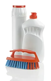 Cleaning Supplies Studio Shot Prints: Two white bottles with brush