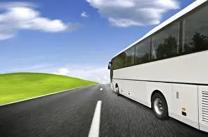 Deserted Highway Prints: White coach in motion