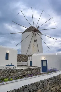 Windmill In Greece Prints: White Cycladic house with windmill
