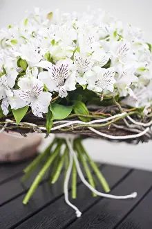 Peru Travel Photography Prints: White Lily of the Incas in a bunch on rustic background with copyspace