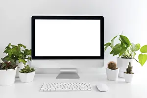 Minimalist Office Setup Prints: White modern desktop with computer and plants