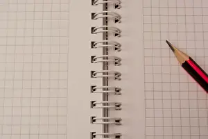 Empty Notebook Prints: White empty notebook with pencil on top of it